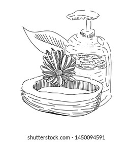 Sketch of spa objects. Body cream bottle, flower, water bowl and leaves - Vector
