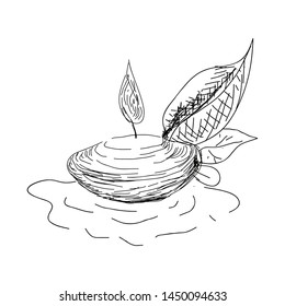 Sketch of spa objects. Candle, water and leaves - Vector