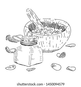 Sketch of spa objects. Mortar with a pestle and bottle with cork - Vector