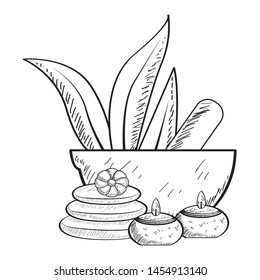 Sketch of spa objects. Mortar with pestle, pile of stones, candles and leaves - Vector