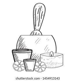 Sketch of spa objects. Mortar with pestle, glasses, candle and flowers - Vector