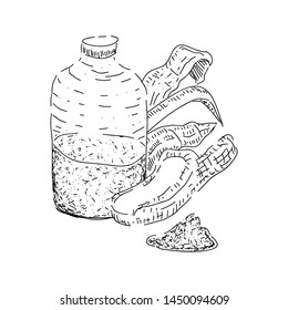 Sketch of spa objects. Perfume bottle, leaves and sand - Vector