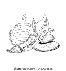 Sketch of spa objects. Pile of stones. sand, candle and leaves - Vector
