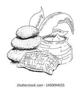 Sketch of spa objects. Pile of stones, sand bag and leaves - Vector