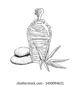 Sketch of spa objects. Pile of stones, leaves and body cream bottle - Vector