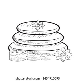 Sketch of spa objects. Pile of stones, candles and flowers - Vector