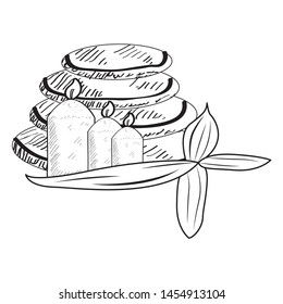 Sketch of spa objects. Pile of stones, candles and leaves - Vector