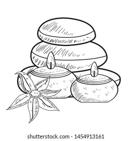 Sketch of spa objects. Pile of stones, candles and flower - Vector