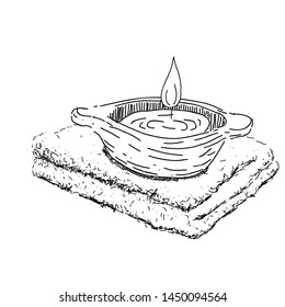 Sketch of spa objects. Towels and a candle in water- Vector