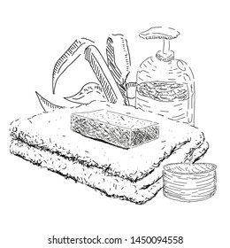 Sketch of spa objects. Towels, soap, candle, body cream bottle and leaves - Vector