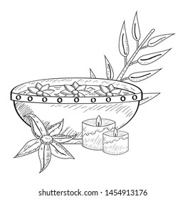 Sketch of spa objects. Water of flowers bowl, candles and wheat - Vector