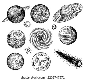 Sketch of space objects set. Collection of comets, planets, stars, asteroids. Black outline elements isolated on white. For design prints, poster, decor, cards. Hand drawn vector 