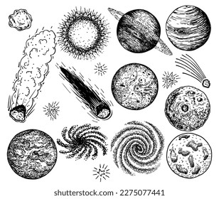 Sketch of space objects set. Collection of comets, planets, stars, asteroids. Black outline elements isolated on white. For design prints, poster, decor, cards. Hand drawn vector 