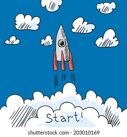 Sketch space rocket flying in space with clouds on background print vector illustration