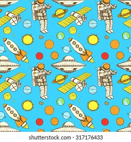 Sketch space in vintage style, vector seamless pattern