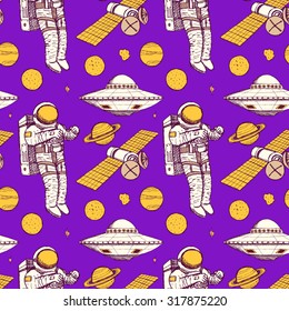 Sketch space in vintage style, vector seamless pattern