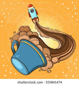 Un bosquejo de la nave espacial y la taza de café, té o chocolate caliente. Ilustración surrealista del diseño del tema espacial para camisetas y varios artículos y regalos.