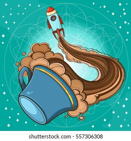 A sketch the spacecraft and mug of coffee, tea or hot chocolate. Surrealistic illustration on the space theme design for t-shirts and various items and gifts.