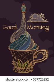 A sketch the spacecraft and mug of coffee, tea or hot chocolate. Surrealistic illustration on the space theme design for t-shirts and various items and gifts.