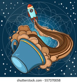 A sketch the spacecraft and mug of tea. Surrealistic illustration on the space theme design for t-shirts and various items and gifts.