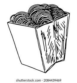 Sketch of spaghetti in box, noodles. Takeaway food doodle. Hand drawn vector illustration in retro style. Outline clipart isolated on white background.