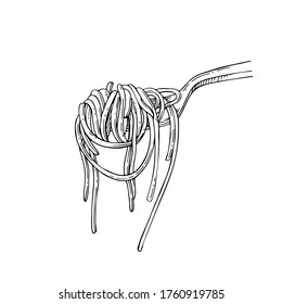 Sketch spaghetti. Hand drawing  noodle on fork. Pasta on fork. 
