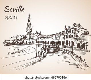 Esbozo de la ciudad de España Sevilla. Aislado sobre fondo blanco