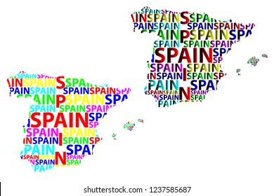 Sketch Spain letter text map, Kingdom of Spain - in the shape of the continent, Map Spain - color vector illustration