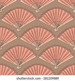 Sketch Spanish fan in vintage style, vector seamless pattern