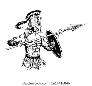 Sketch of spartan warrior army in attack pose, ink drawing.Hand drawn design vector illustration.