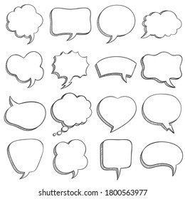 Sketch speech bubble. Empty comic speech bubbles different shapes for message, dialog balloons and cloud, outline doodle style vector set. Square, rectangle, heart and cloud shape bubbles