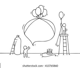 Sketch of speech bubble with working little people. Doodle cute miniature teamwork. Hand drawn cartoon vector illustration for business design and infographic.