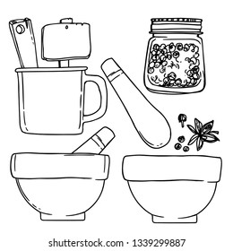 Sketch of spices, jars line on a white background. Drawing food. Kitchen Accessories
