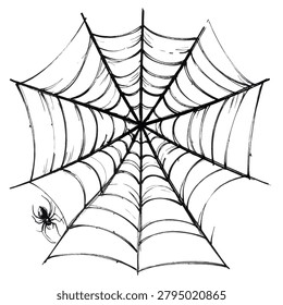 A sketch of a spider web featuring a small spider hanging on the side isolated on a white background