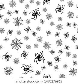Sketch spider web Halloween seamless pattern. Spider web Halloween seamless in hand-drawn style on white background. Spooky silhouette.