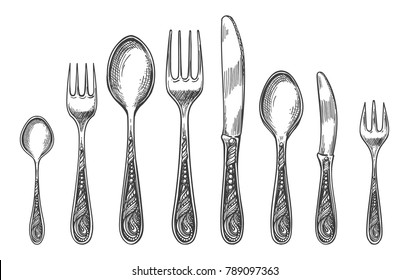 Sketch spoon, fork and knife. Vintage silverware or antique dinnerware drawing vector illustration