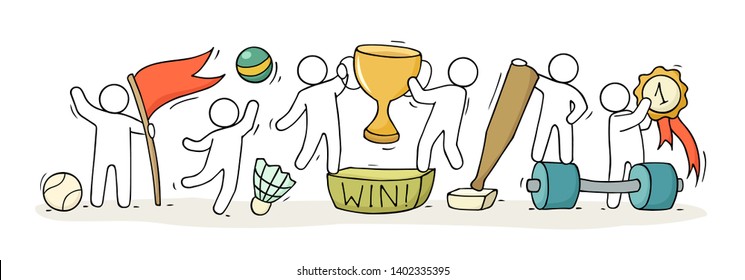 Sketch of sport class with little people. Doodle cute miniature of teamwork and sport equipment . Hand drawn cartoon vector illustration for school subject design.