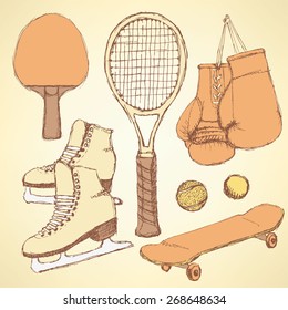 Sketch sport equipment in vintage style, vector