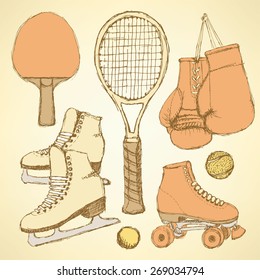 Sketch sport equipment in vintage style, vector