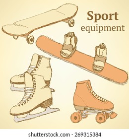 Sketch sport equipment in vintage style, vector