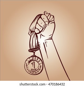 sketch of sport medal and prize. 
man with the medal in his hands. Engraved hand keeping the tape with a medal. first place. Winning in sports competition. sketch of medal for first place. Champion.