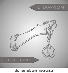 sketch of sport medal and prize. 
man with the medal in his hands. Engraved hand keeping the tape with a medal. first place. Winning in sports competition. sketch of medal for first place. Champion.