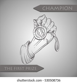 sketch of sport medal and prize. 
man with the medal in his hands. Engraved hand keeping the tape with a medal. first place. Winning in sports competition. sketch of medal for first place. Champion.