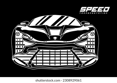 sketch of a sports car vector. car silhouettes, outlines, and contours. Front, 34, and side views of a luxury sedan. Abstract hand-drawn modern vehicle isolated on black background. Sports car hand