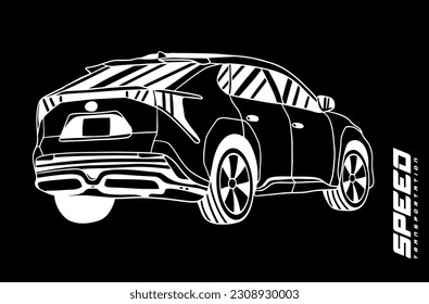 sketch of a sports car vector. car silhouettes, outlines, and contours. Front, side view of a luxury sedan. Abstract hand-drawn modern vehicle isolated on black background. Sports car hand drawn