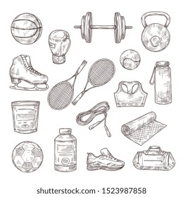 Sketch sports equipment. Ball, dumbbell and tennis rackets, boxing glove and jump rope, sports nutrition. Doodle fitness vector set