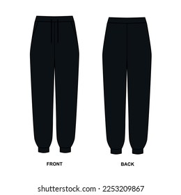 Sketch of sports pants black, vector. Template of the Joggers models in front and back. Black pants drawn on a white background.