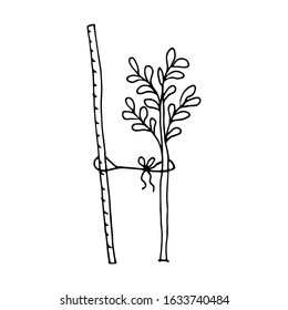 Sketch sprout of a gardening plant tied to a support isolated on the white background. Vector element for design.