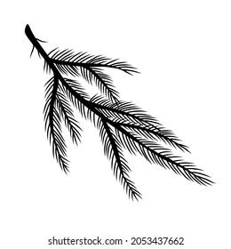 Sketch of Spruce or Pine Branch. Vector hand drawn illustration of christmas tree for icon. Black silhouette on white isolated background