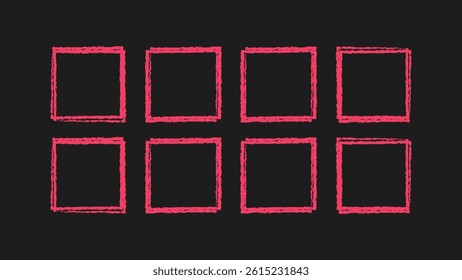 Sketch square frame vector border. Crayon pastel childlike scribble line. Hand drawn messy block shape outline. Doodle style square set. Vector artwork.